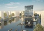 Wyższy, transparentny budynek biurowy - zwycięzki projekt autorstwa MVRDV i morePlatz. Ta i druga, niższa bryła mają stanąć w porcie Moguncji (Niemcy) w 2015 roku