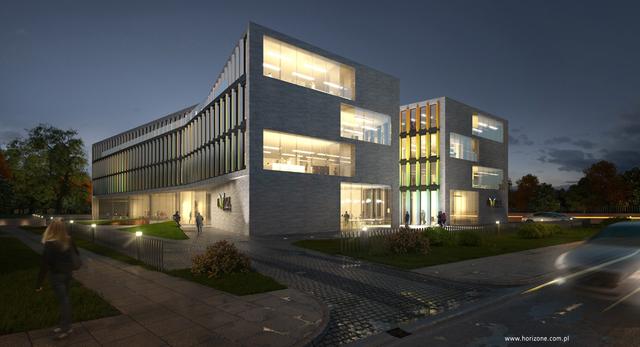 Bryła biurowca Ericpol w Łodzi, projekt pracownia architektoniczna Horizone Studio, współczesna architektura Łodzi