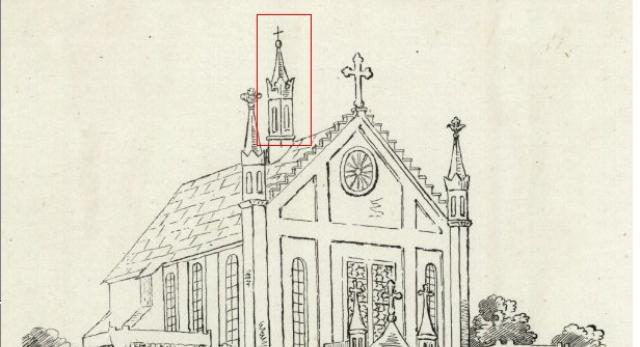 Kościół z sygnaturką i rozetą w szczycie, rys. ok. 1910