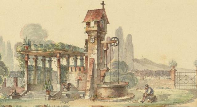Franciszek Maria Lanci, szkic z pergolą i studnią, ok. 1849, Polona