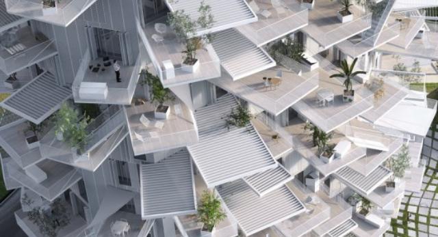 Bryła White Tree projektu stararchitekta Sou Fujimoto. Tarasy i balkony rozchodzą się promieniście