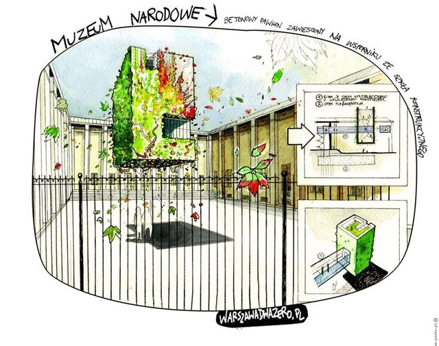 Warszawa 2.0 - MUZEUM NARODOWE,  betonowy pawilon zawieszony na wsporniku ze szkła